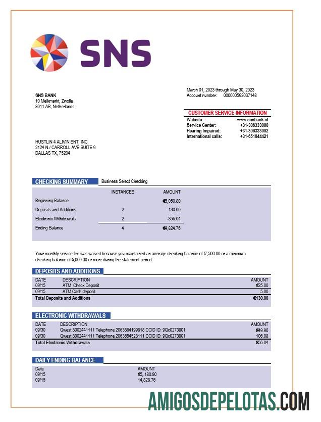 Imprimível SNS Bank Enterprise modelo de extrato de conta Word e PDF